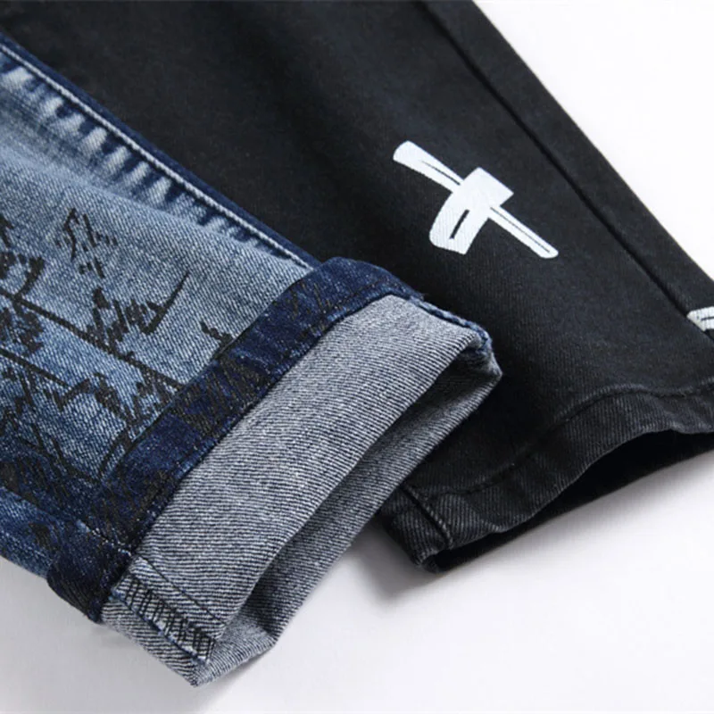 Men Punk Skinny Denim Letter Printing Jeans Male Patchwork Holes Ripped Stretch Casual Jeans Slim Fit Trousers Streetwear Pants