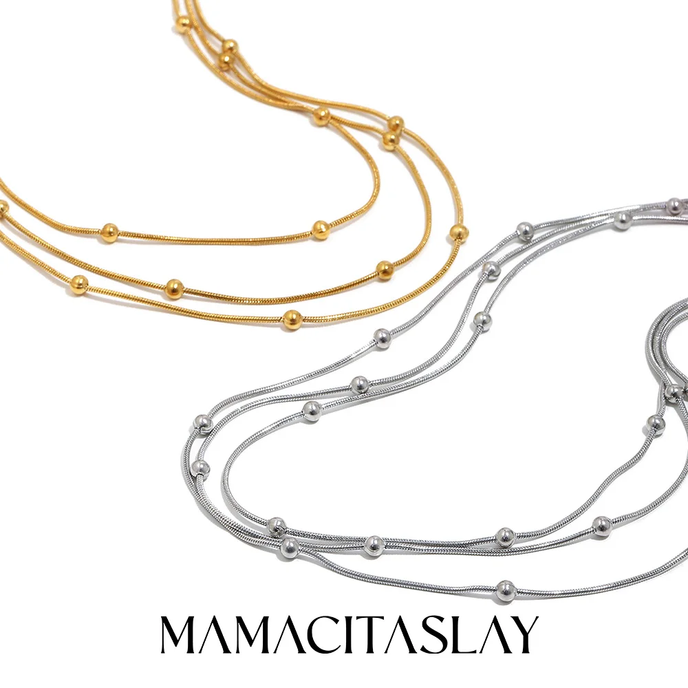 MamacitaSlay 316L Edelstahl Mehrschichtige Kette Perlenkette 18K Vergoldet Wasserfester Schmuck für Frauen Mehrlagige Halskette