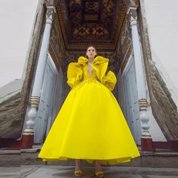 Bright Yellow Prom Gowns Beads Ankle Length Custom Made Long Sleeve Arabic Maxi Dresses Women Deep V Neckline Party Dress