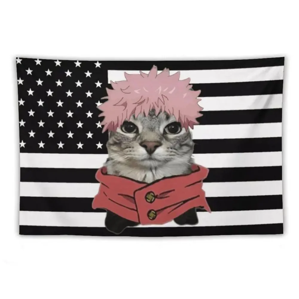 Jujutsu Kaisen Yuji Itadori Cat Meme Wandteppich mit amerikanischer Flagge, schwarz-weiß gestreift, Wandbehang, Banner für Schlafzimmer, Wohnheim-Dekoration