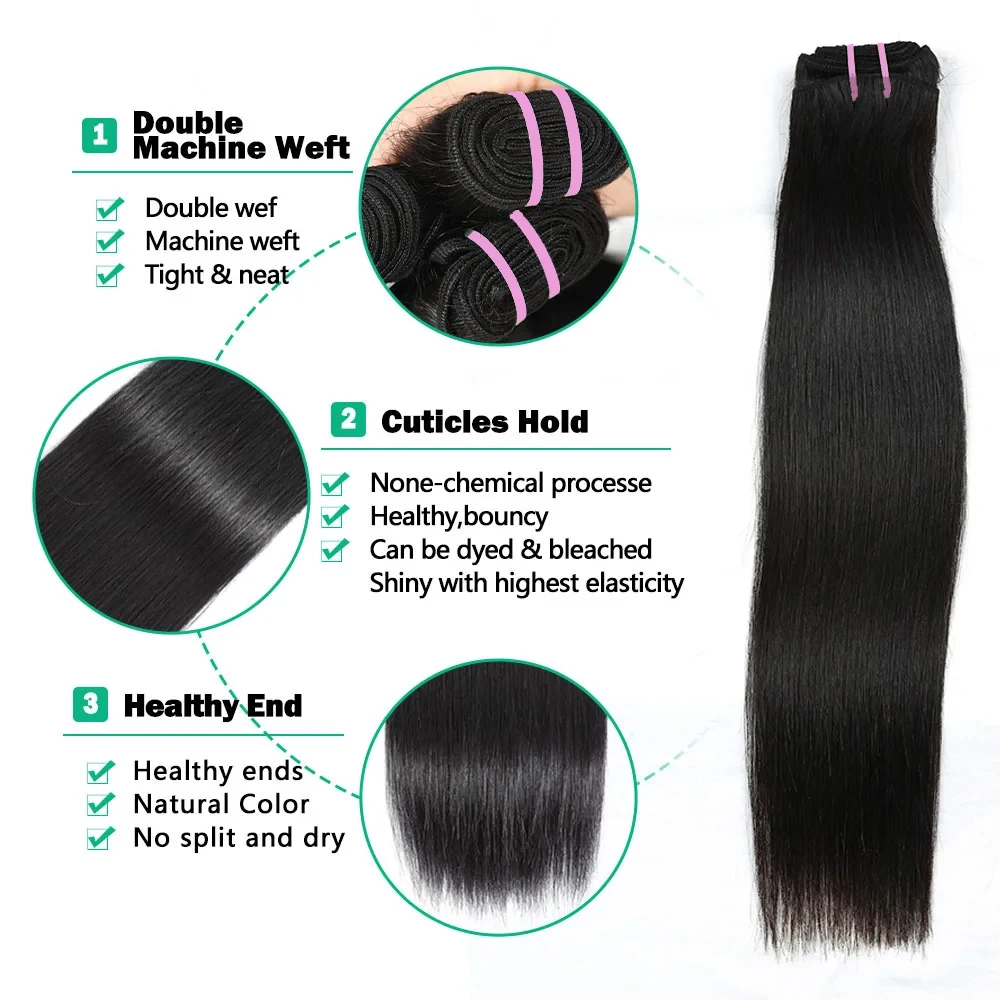20 22 24 นิ้ววาดคู่ตรงผมมนุษย์ 100% Human Hair 15A คุณภาพสูงที่ยังไม่ได้ Virgin Human Hair Extensions