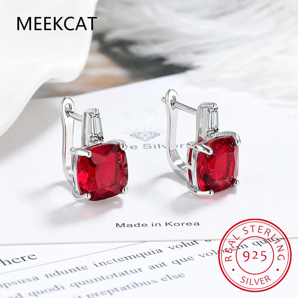 Square Red Ruby Natural Garnet 925 Sterling Silver Hoop Earring for Women Fashion Engagement Gemstone Birthstone Jewelry Huggies