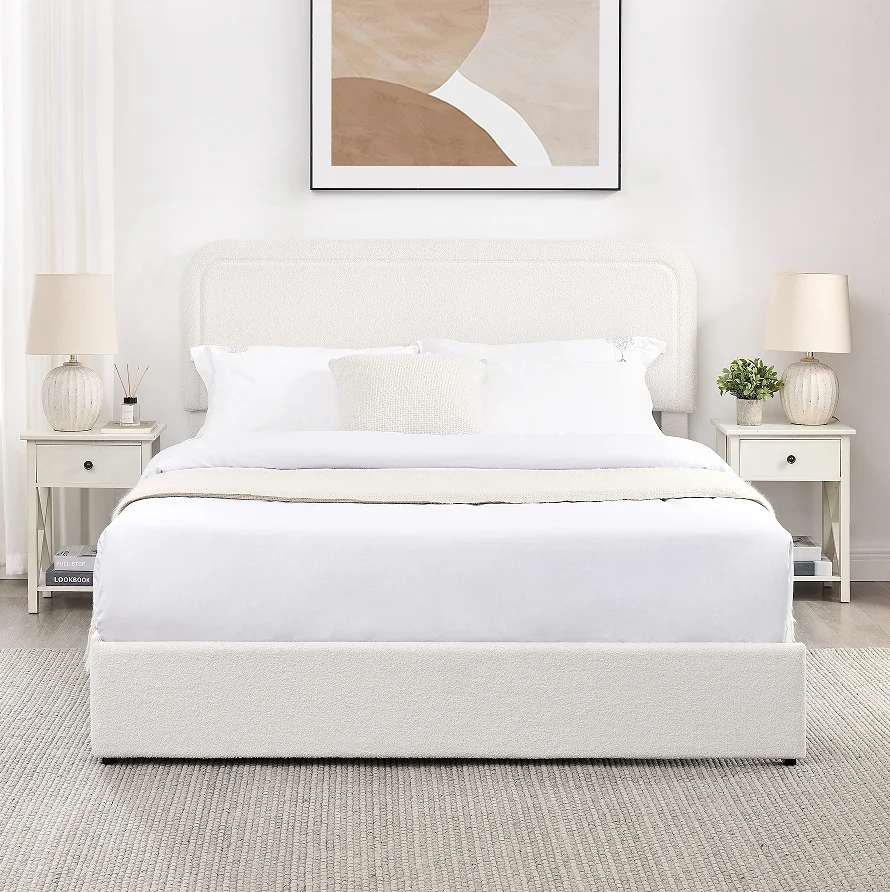#Modern  Upholstery Platform Bed 4-Drawer Storage Curved Stitched Tufted Headboard Wood Frame Adjustable