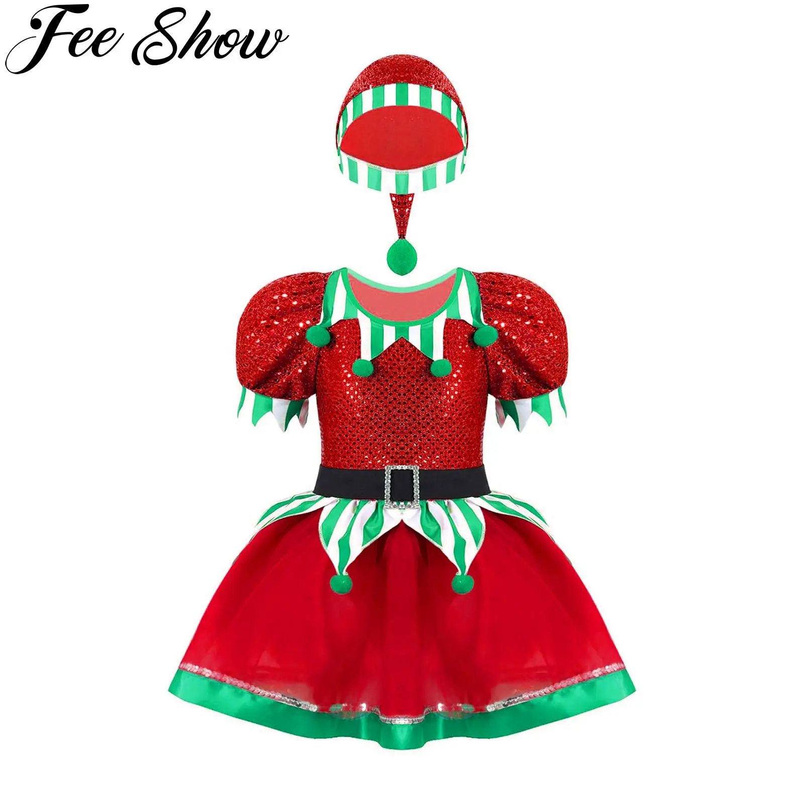 Kids Girls Christmas Elf Costume Sequins Pompoms Mesh Ballet Dance Tutu Dress with Hat for New Year Carnival Party Performance