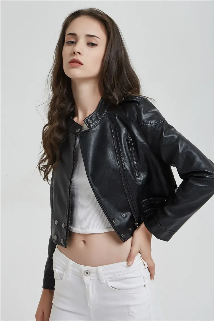 2024 New Spring Autumn Short Style Slim Rivet Black Leather Jacket Women Fashion Stand Collar Motorcycle Style PU Leather Jacket