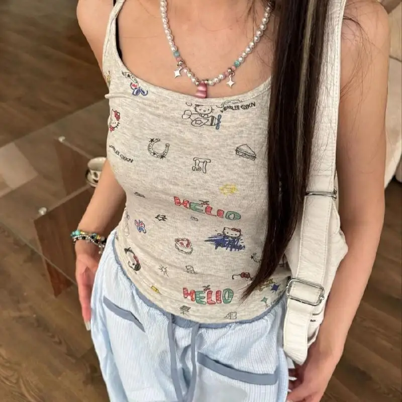 

Hello Kitty New Women's Sling Vest Summer Lazy Wind Kawaii Y2K Inside Cute Thin Model Tank Tops Commuter T-Shirt Hpt Girl Style