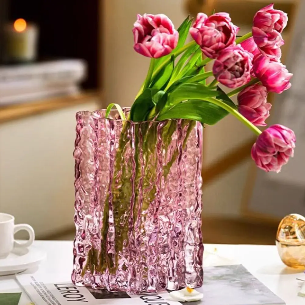 Ins Transparent Flower Vase Ornaments Large-caliber Glacier Pattern Light Luxury High-end Water Vase Flower Storage Container