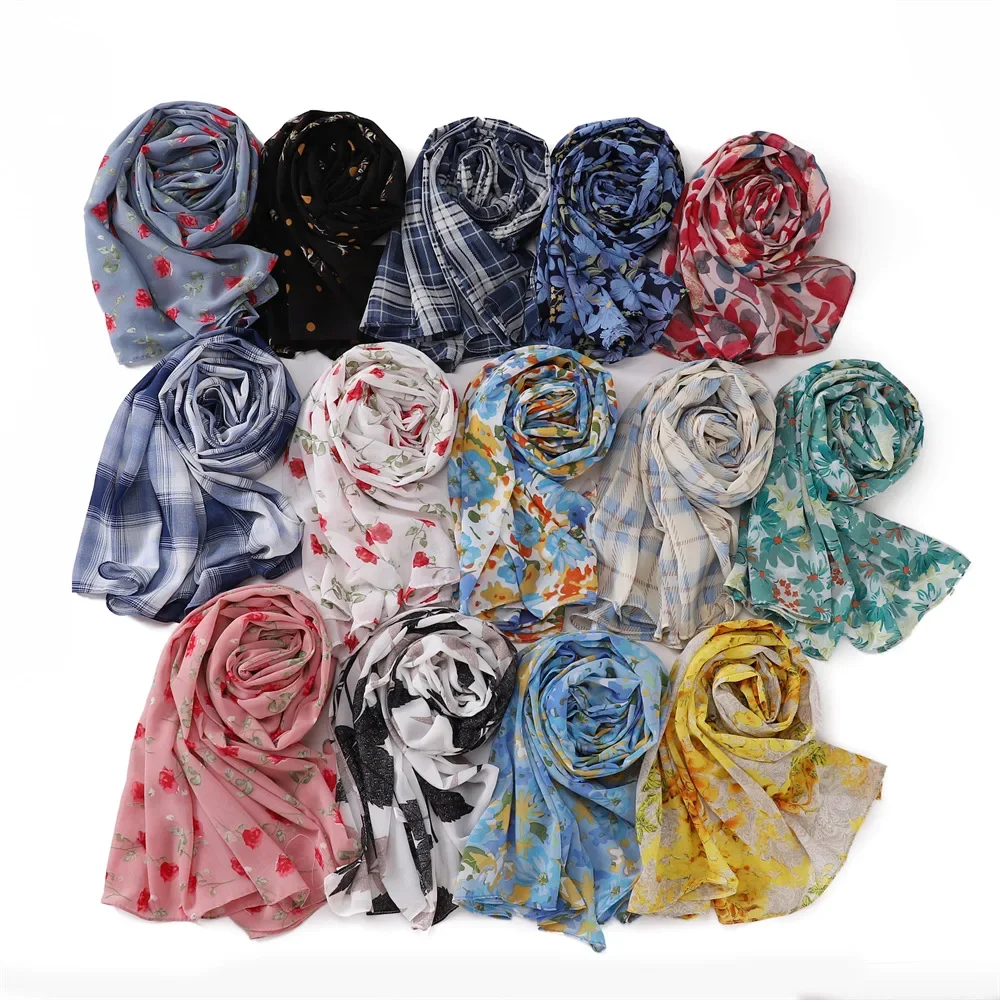 Foulard Hijab en Mousseline de Soie pour Femme Musulmane, Châle Imprimé, Long, Doux, Islamique, Arabe, Ramanda, Turban