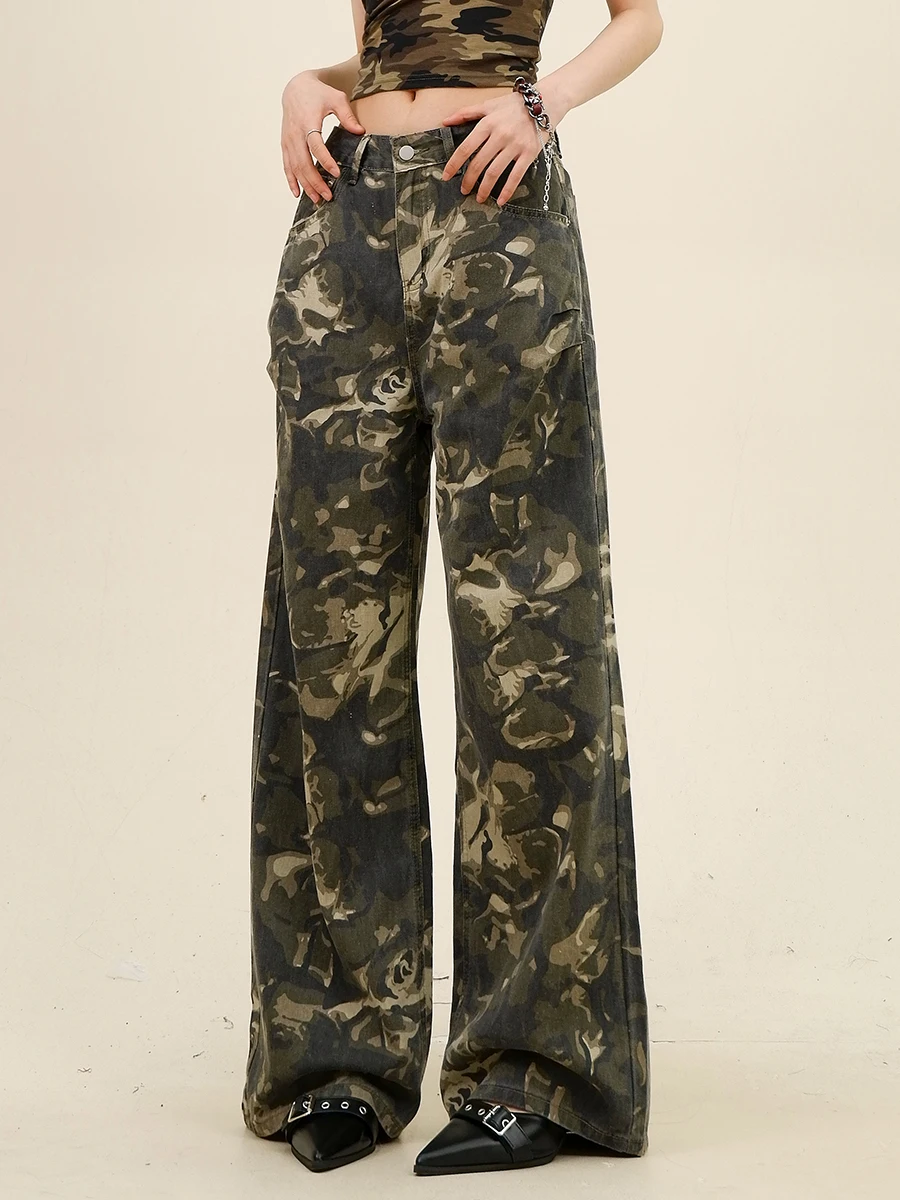 Camouflage Printed Jeans Women's 2024 Summer New Loose Bf American Retro Versatile Wide Legs