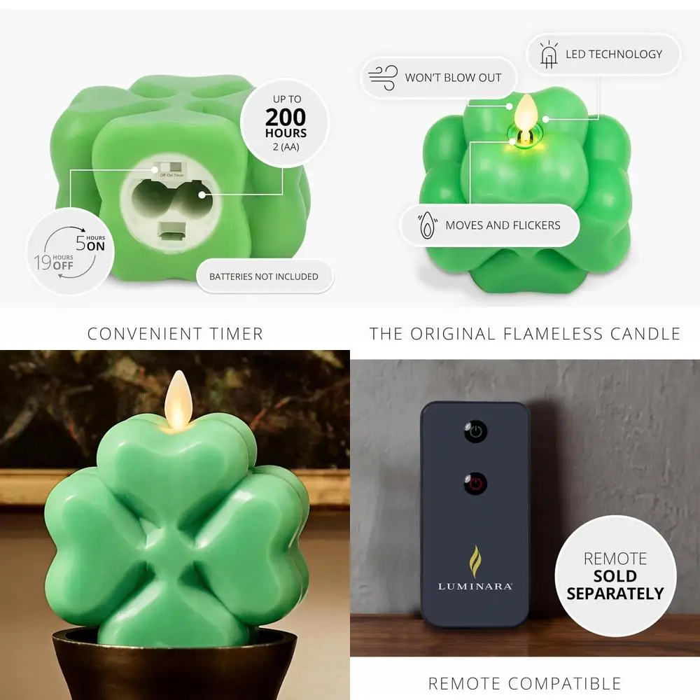 

Светодиодная свеча Real-Flame Shamrock с пультом ДУ, 3.9 x 4.3, классический зеленый цвет для Дня Святого Патрика