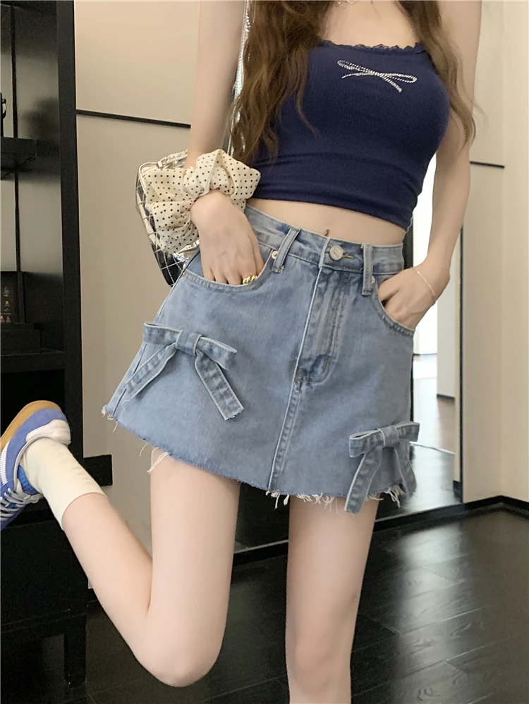 

Benuynffy Vintage Raw Hem Denim Skirt Women Summer High Waist A Line Mini Skirt Korean Bows Casual Streetwear Jean Skirts