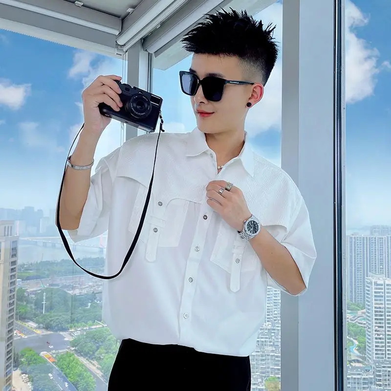 Design-sensual White for Men's Trendy Brand Loose Inch Shirt for Men's High-end Men's Summer Trendy Casual Half-sleeved Shirt