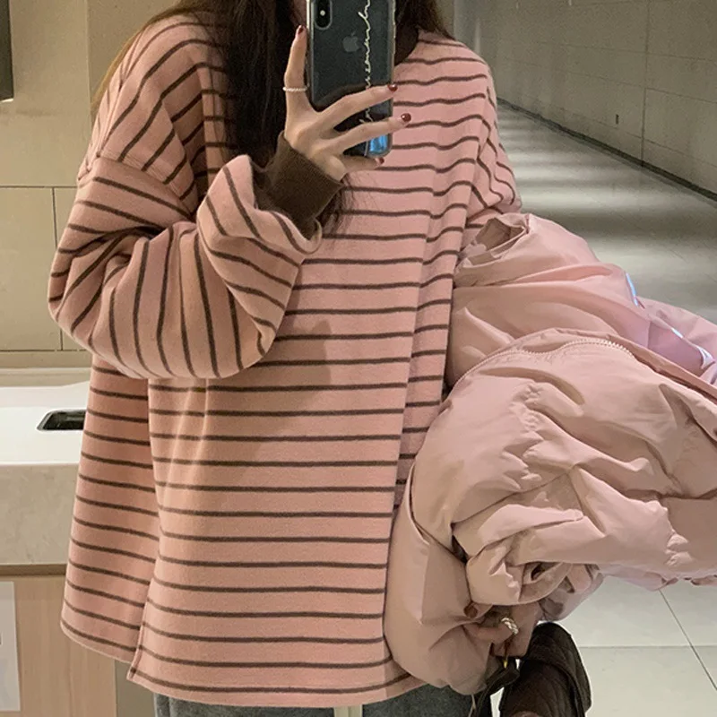 Herbst- und Winter-Damen-Sweatshirt im koreanischen Stil, lässig, Rundhalsausschnitt, lange Ärmel, Farbblock-Streifenmuster, Oversize, locker geschnitten, Damenoberteile. – Detail 2