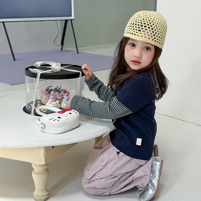 Cute Fairy Tale Style Cartoon Printed Fake Two-piece Base Shirt Contrasting Colors and Spliced Base Top for Girls