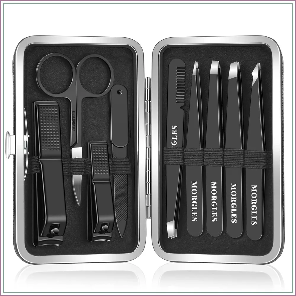 

9 Pcs Stainless Steel Tweezers Set and Nail Clippers, Professional Manicure Kit for Men with Leather Travel Case