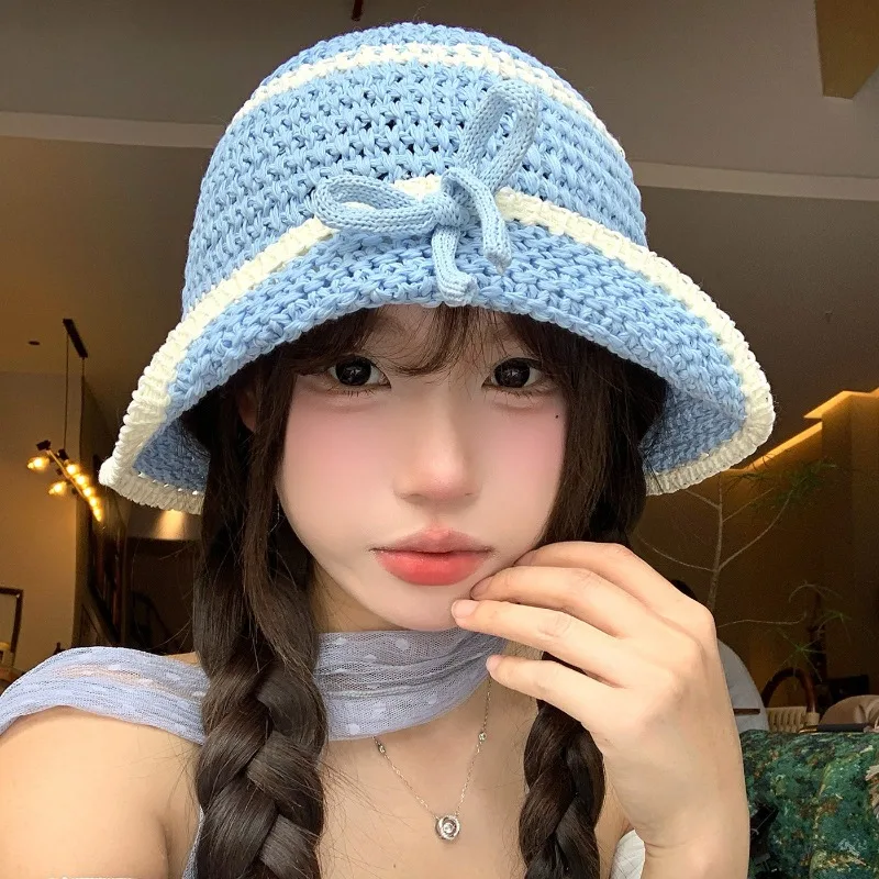 

Korean Color Blocked Knitted Flip Hat Brim Bow Bucket Hat Women's Summer Thin Cutout Breathable Vacation Foldable Sun Caps