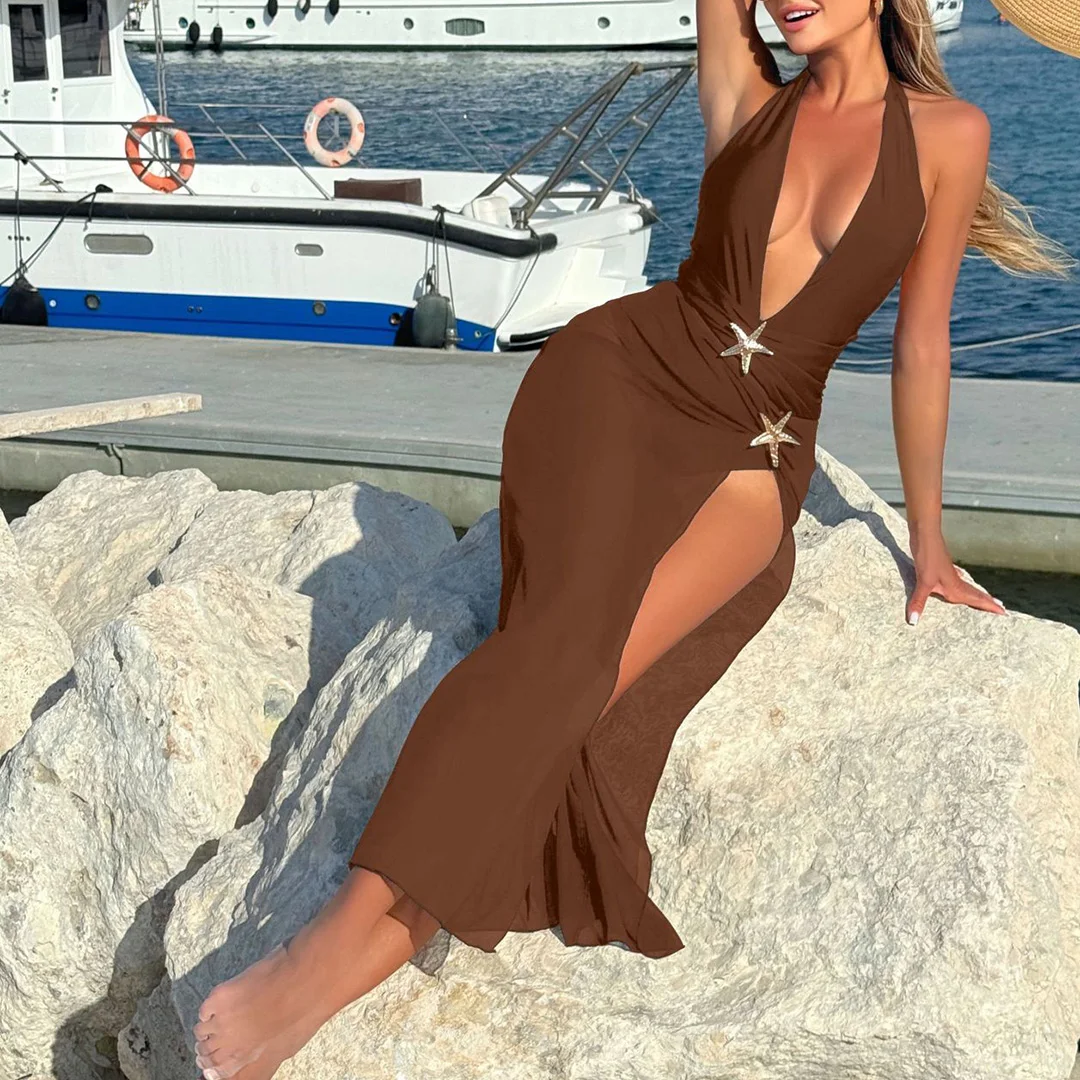 Sexy mit Rock, tiefem V-Ausschnitt, Metallstern, Damen-Badeanzug, einteiliger Badeanzug, rückenfreier Monokini, Badebekleidung, Badeanzug, Modell V6816. – Detail 4