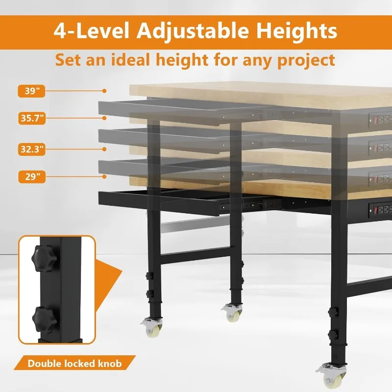 48" Work Bench with Drawers, Adjustable Height Workbench with Wheels, Heavy-Duty Work Table with Power Outlets, 2000 LBS Capacit