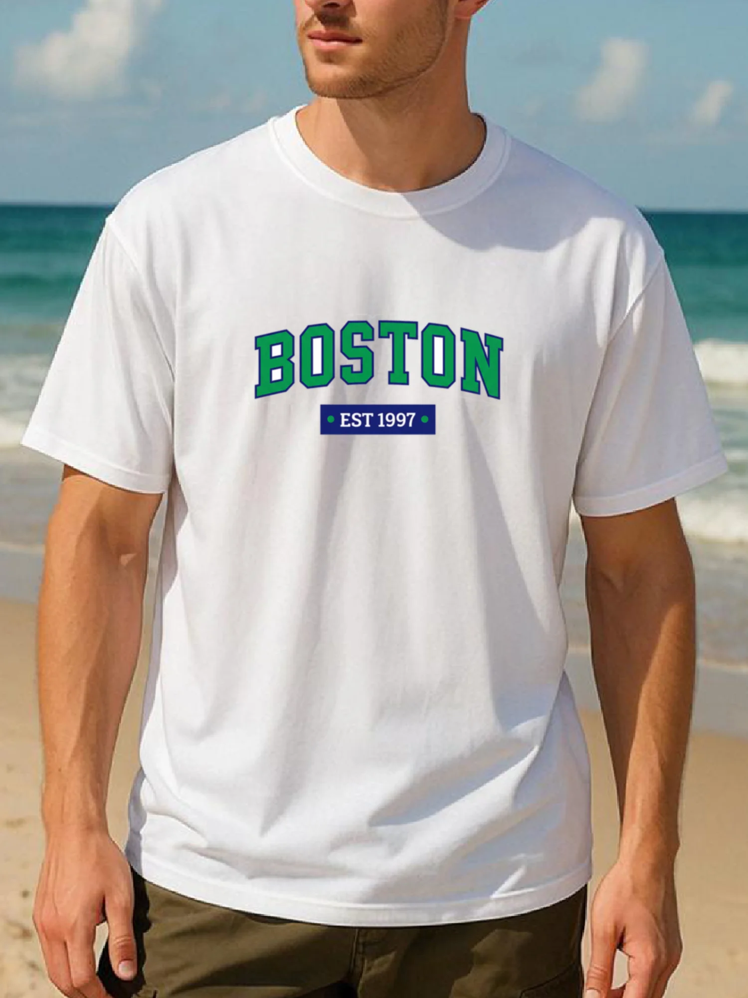

New Boston Est 1997 Letter Print Lightweight Round-Neck Short-Sleeved Outdoor Sports Casual Wear Men's Clothing