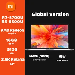 Ноутбук Xiaomi RedmiBook 14 Pro AMD Ryzen R7-5700U/ R5-5500U CPU 16 Гб DDR4 + 512 ГБ SSD 2,5 K 14 дюймов Тонкий компьютер Windows ноутбук