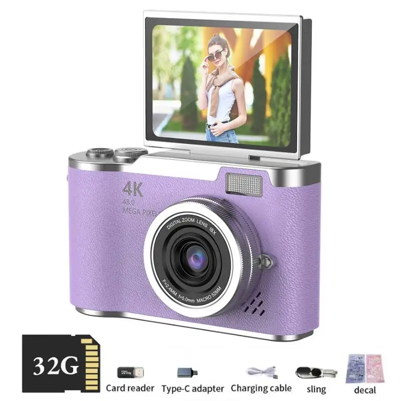 4K Digitale Camera Beautyfilters 48MP HD Studenten CCD Camera CMOS Anti-tril 180 °   Flip Screen Selfie Camera voor kinderen en volwassenen cadeau