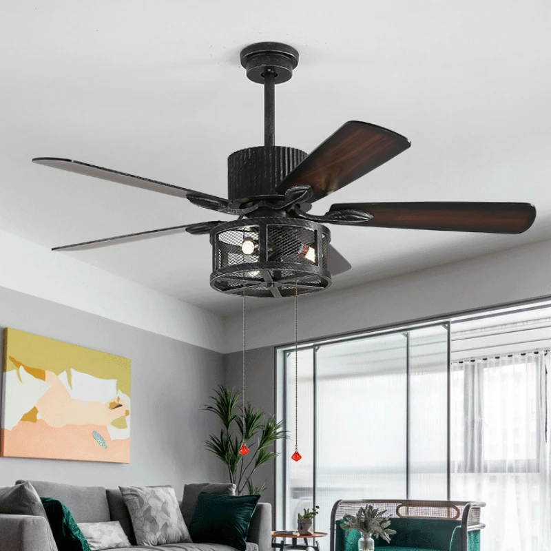 Industrial wind ceiling fan lamp retro dining room living room wood leaf fan retro remote control electric fan lamp