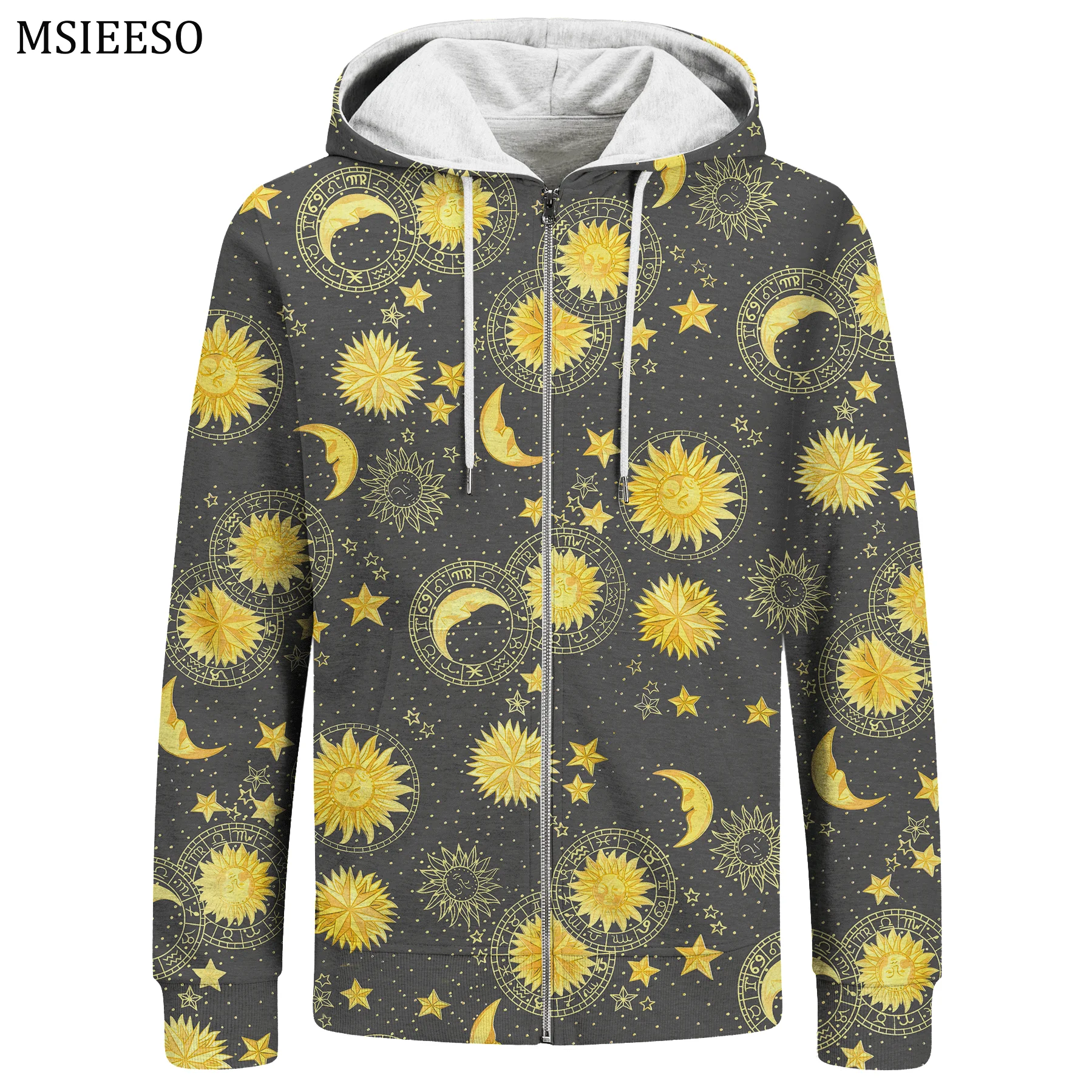 MSIEESO Autumn Zipper Hoodie Sun Moon Star Pattern Print Men Hoodie Casual Male Hooded Sweatshirt Pullover Unisex Zipper Coat