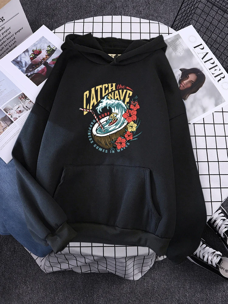 Catch The Wave Surf Happiness Comes In Waves Female Hoody Crewneck Hip Hop Clothes Casual Fleece Pullover Multicolor New Hoodie