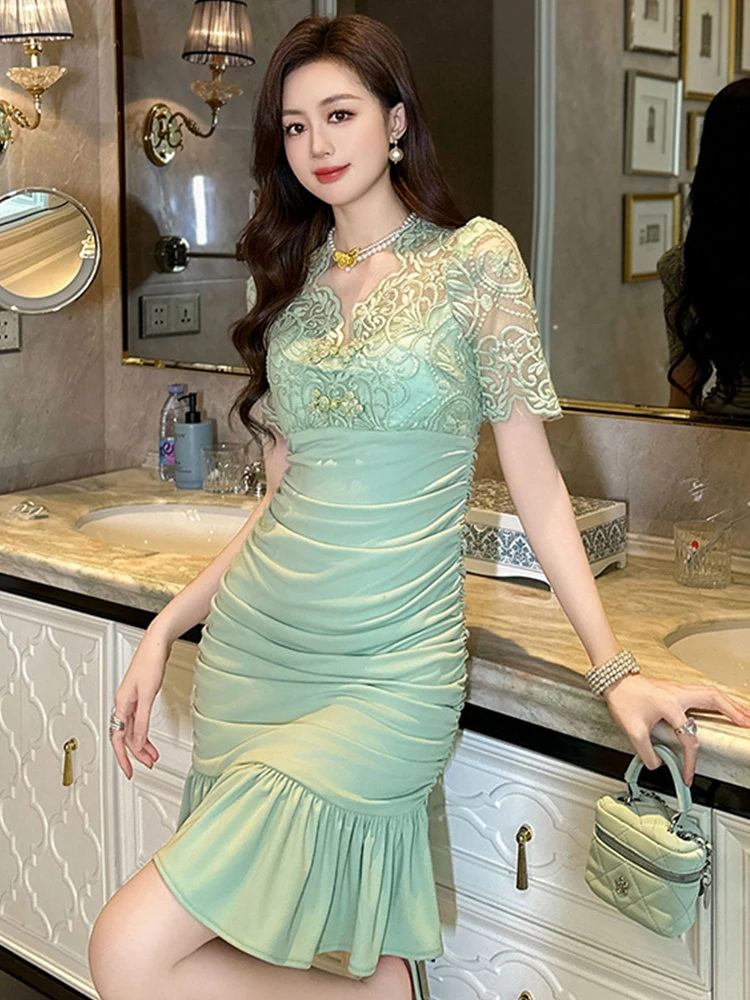 Robe de soirée en dentelle transparente pour femmes, vêtements doux et Chic, Sexy, moulante, queue de poisson, robe de bal, Club