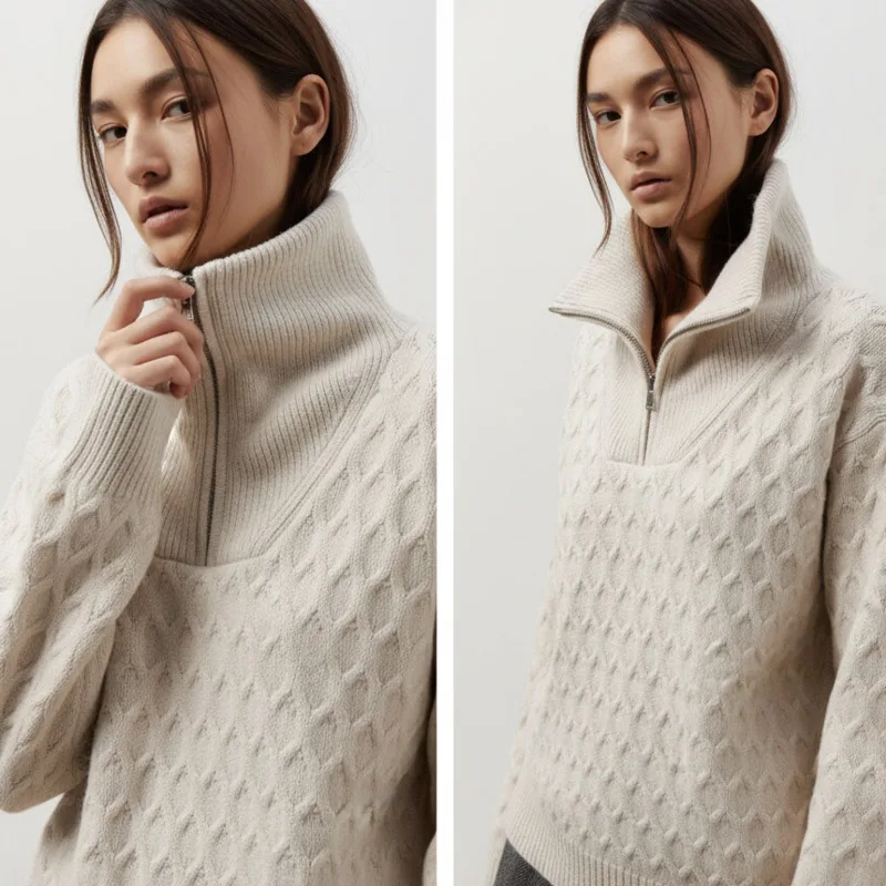 

Вязаный свитер с высоким воротом и полумолнией для женщин, толстая текстура кабеля, свободная посадка, пуловер с длинными рукавами, дизайн осенне-зимней уличной одежды