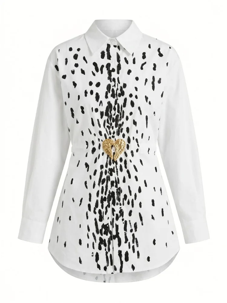 Bonboho Women's White Oversized Shirt Abstract Dot Print Buckled Long Sleeve Blouse 2026 Summer Casual Daily Wear T-shirt