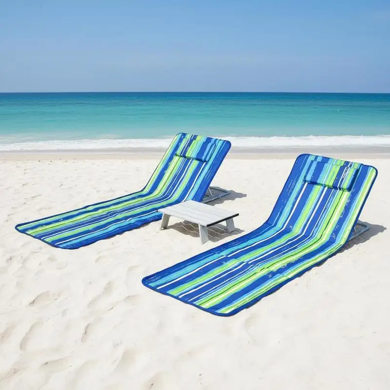 3-teiliges Strandliegen-Matten-Set, 2 verstellbare Liegestühle mit Tisch, gestreift