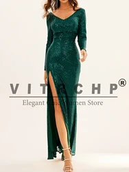 VITRCHP Glitter Evening Dress Sequined V Neck Slit Sexy Gowns Lilac Backless Sleeveless Trumpet Luxury Prom Dresses