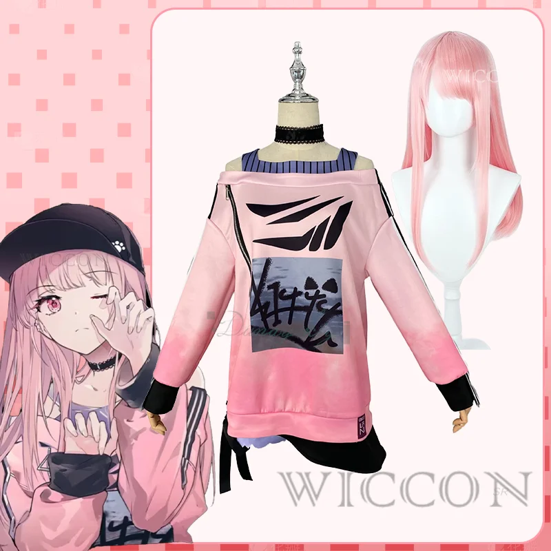 PJSK Akiyama Mizuki الزي اليومي تأثيري خارج الكتف أعلى الوردي شعر مستعار هالوين دور اللعب كوميك كون