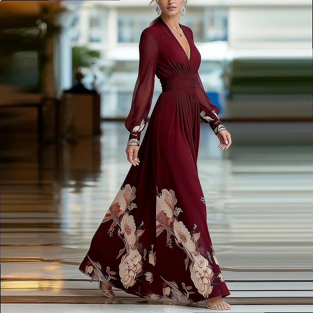 Elegant Spring Long Sleeve Mesh Patchwork French Dress Women Slim Fit Floral Maxi Dresses Boho Party Evening Gown