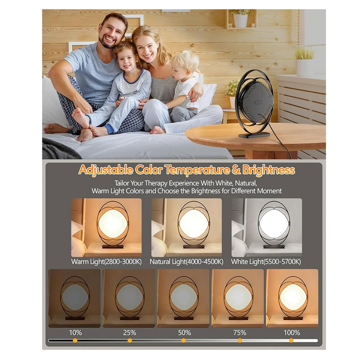 WFF Light Therapy Lamp,10000 Lux UV-Free Therapy Light with 3 Color Temperatures, 5 Adjustable Brightness US Plug