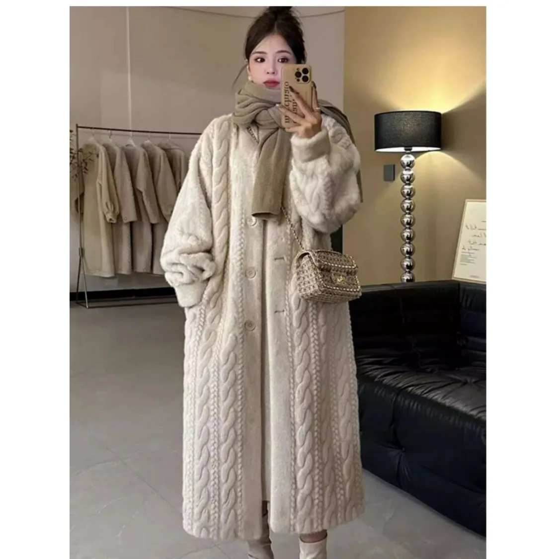 

Thiened Long Knitted Mink Cardigan Cotton Plu Women's Winter Coat Eco-friendly Fur Outerwear Large Size Coat for Women