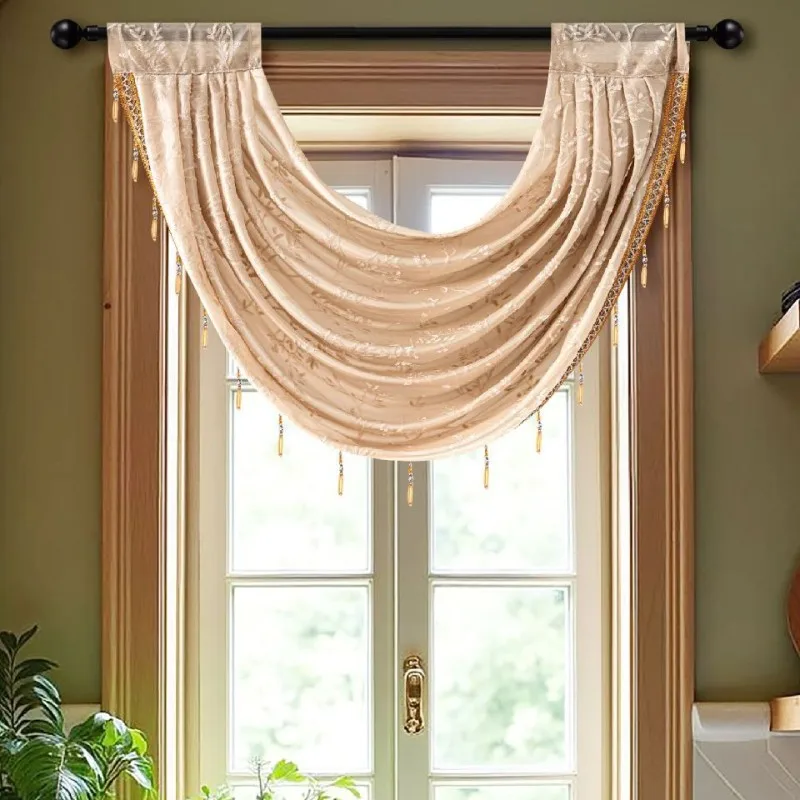 

140x60cm Curtain Valance Livingroom Beaded Rod Pocket Scallop Header Window Panel Drapes With Fringe Tassel Home Decoration