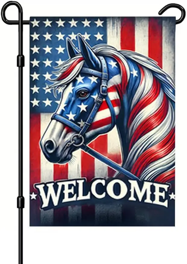 Garden Flag 12 x 18 Inch Patriotic Horse Welcome Yard Sign American Flag Stars and Stripes Double Sided Outdoor Decoration f MMZ