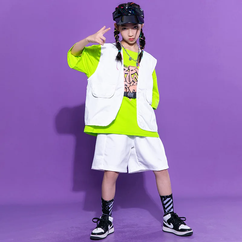 Trajes de Hip Hop para niños, ropa infantil de Hip-Hop para niños, trajes de baile de Jazz de verano para niñas, pantalones cortos de manga corta verdes