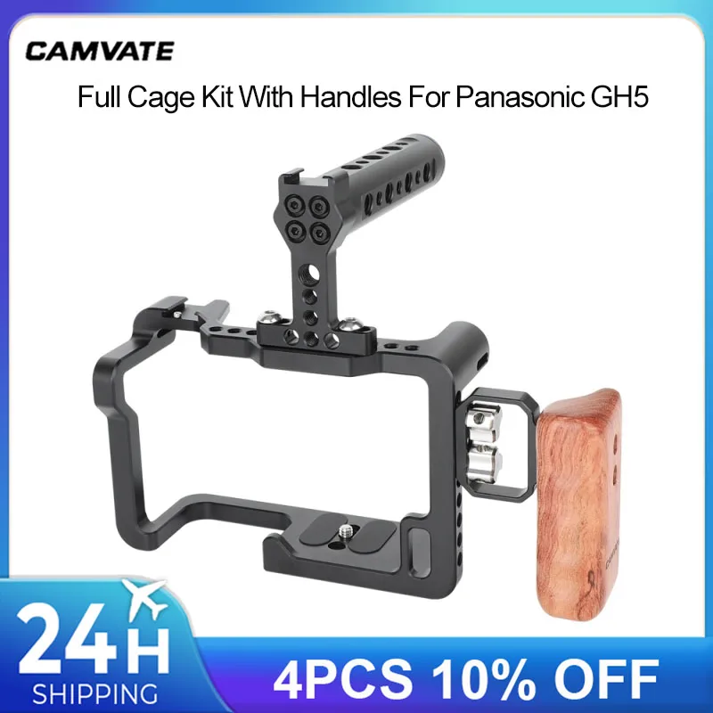 قفص كاميرا كامل من CAMVATE مع مقبض جبن علوي من الألومنيوم وقبضة مقبض خشبي يسار وحوامل أحذية لكاميرات باناسونيك GH5 DLSR