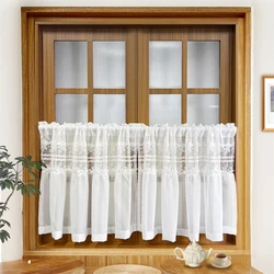 1PC White Floral Lacework Splicing Soft White Chiffon Ruffled Tulle Half Curtains For Home Windows Valance Kitchen Door Drapes