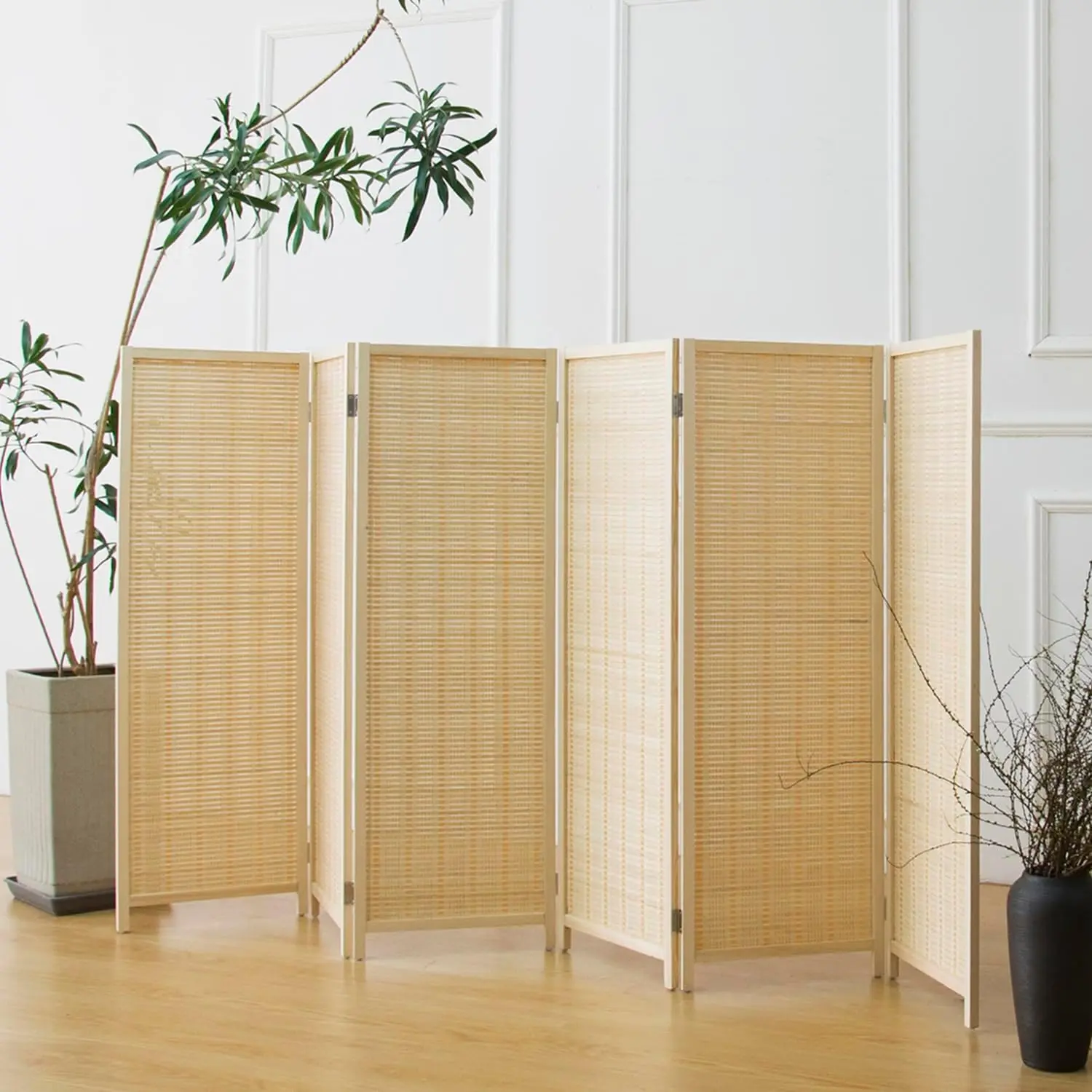 

6 Panel Short Room Divider Screen,Beige Freestanding Partition,Small Bamboo Panel Divider for Room Seperation,3.95 FT Ta