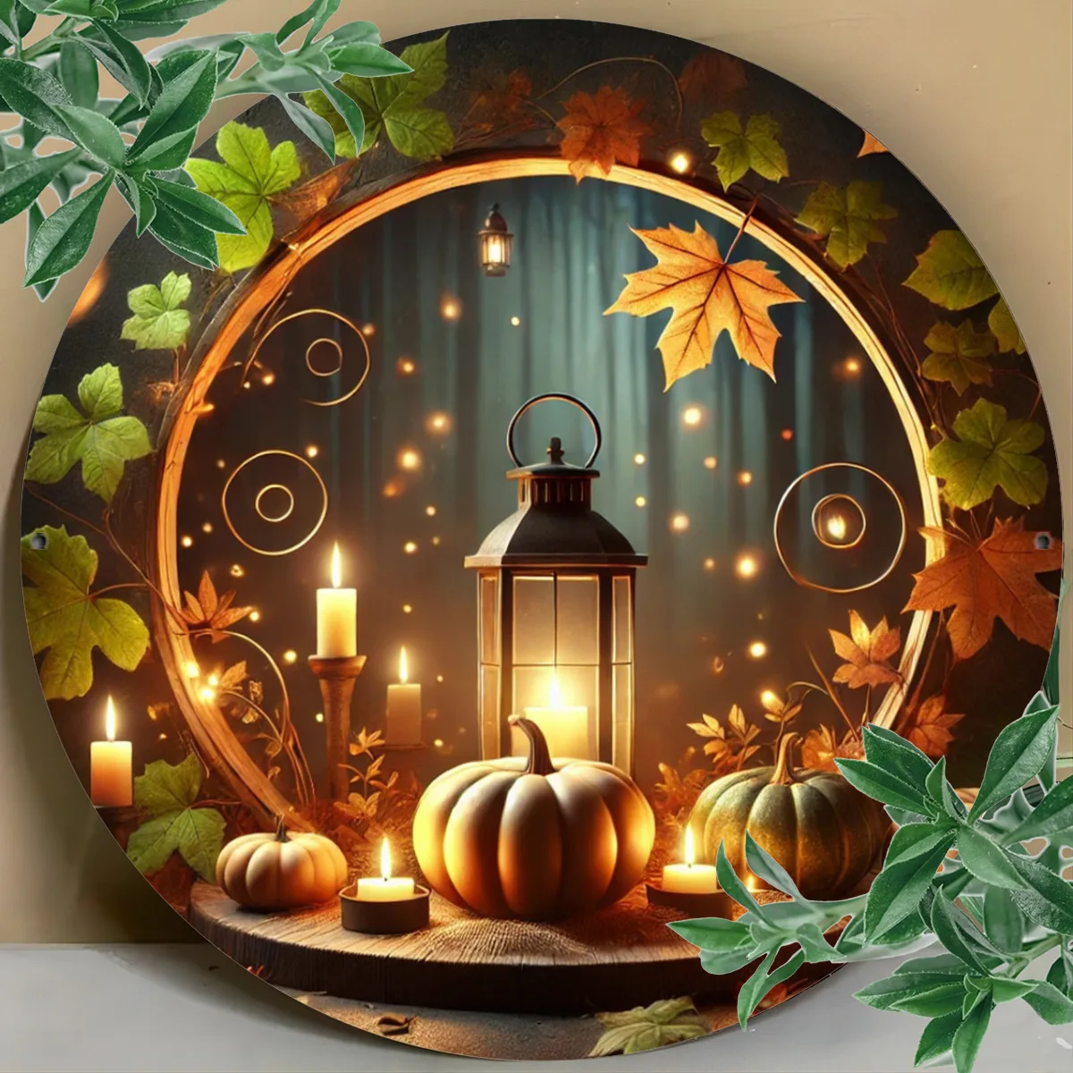 Autumn Pumpkin Lantern Scene Round Iron Sign,2D Metal Tin Plaque 1PC 20x20cm Fall Harvest Home Wall Ornament