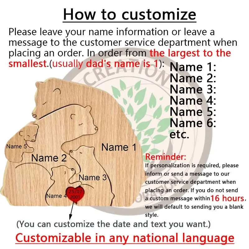 Custom Name Bear Puzzle Art Ornament Free Engraving Family Theme Father, Mother\'s Day Gift Home Decoration Custom Souvenir