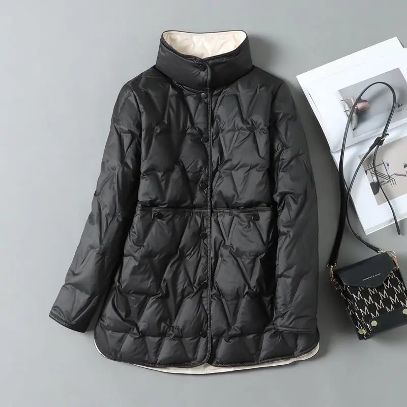 

2024 New Autumn Winter Women Ultralight White Duck Down Long Jacket Female Single-Breasted Double Sided Puffer Coat Outwear