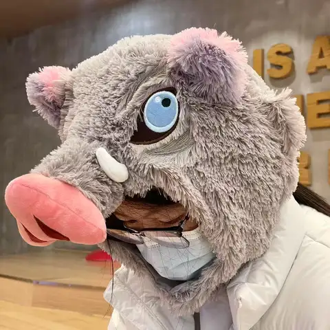 Cosplay Prop Wild Boar Head Plush Hat Demon Slayer Hashibira Inosuke Warm Headgear Japanese anime Stuffed Anime Plushies Gift