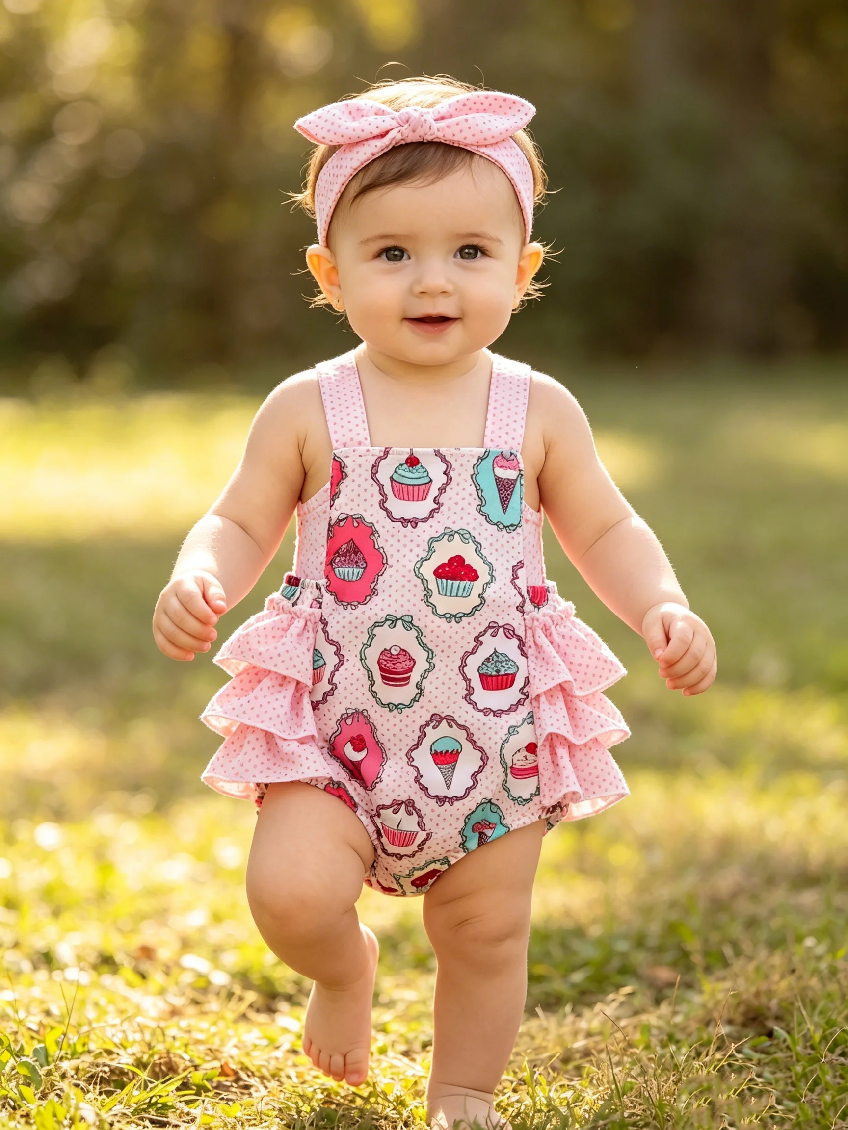 Summer Infant Girl's Strappy Bib Overall Outfit with Matching Polka Dot Hairband - Pink Bow Knot Fabric Set