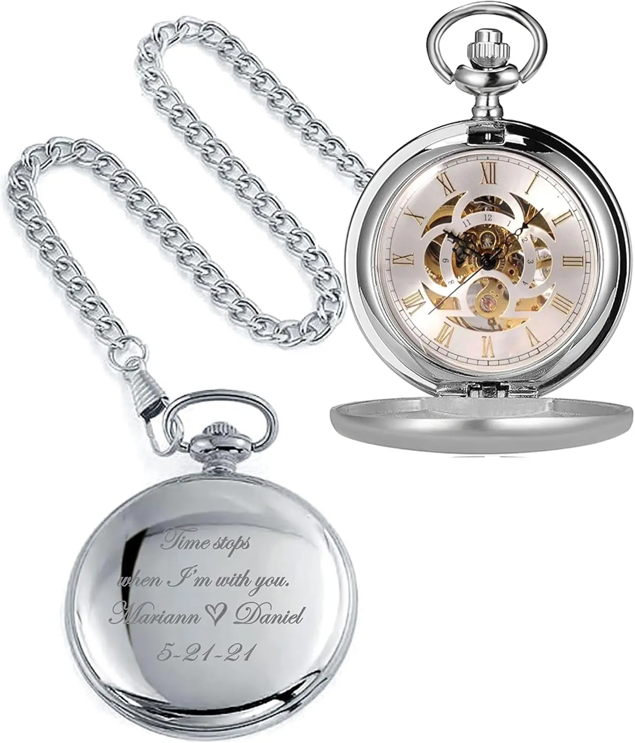 

Custom Engraved Antique Silver Pocket Watch with Mechanical Movement, Free Gift Box, Ships from USA