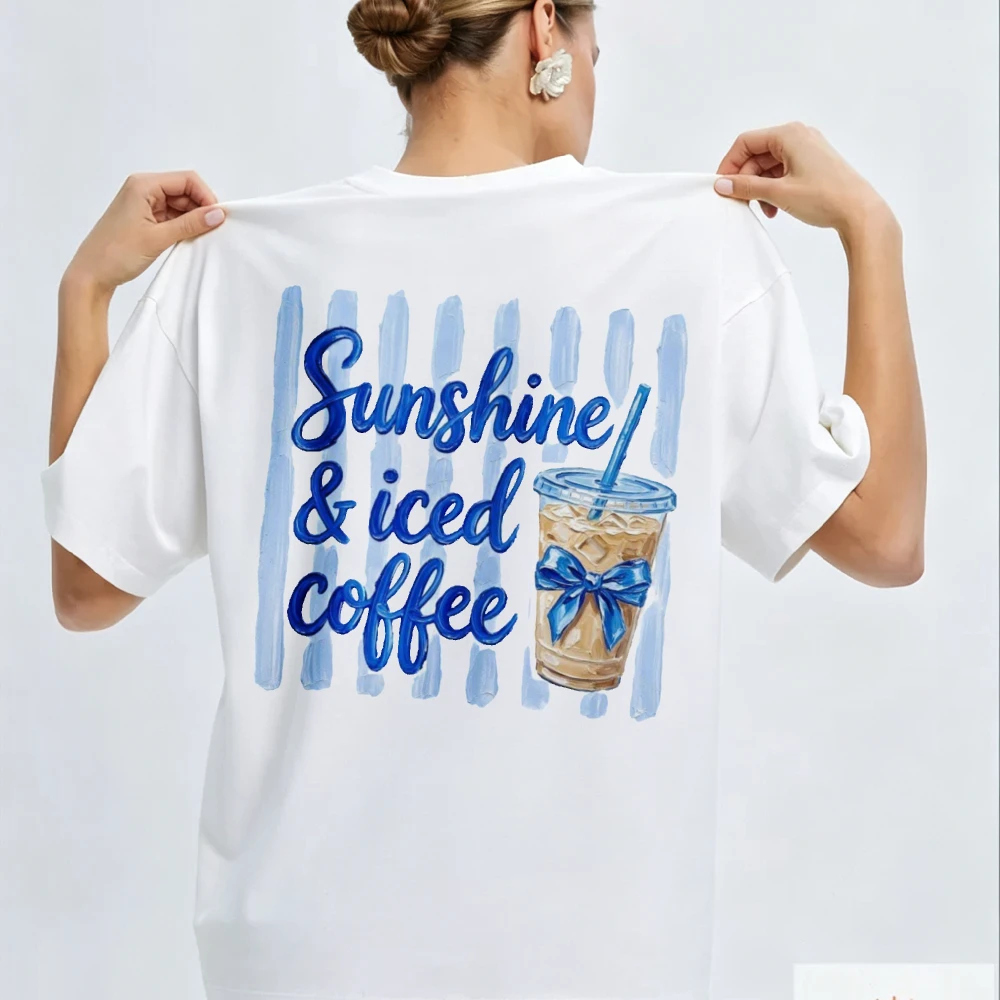 Sunshine & Iced Coffee Bow Striped Boxy Tee, Morning City Walk Outfit, Soft Cotton Top, Sweet Daily Coffee Lover Gift